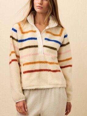 Faherty Fireside Cream Fleece Pullover with Multicolor Stripes
